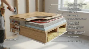 Cross-section illustration showing how radiant floor heating tubing integrates seamlessly beneath hardwood planks.