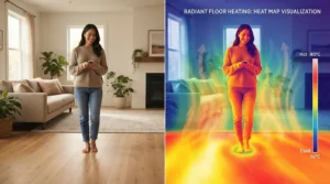 Infrared thermal imaging showing the even heat distribution of radiant floor heating compared to forced air.