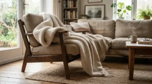 A cozy sherpa heated throw blanket for couch featured on a wooden framed living room sofa.