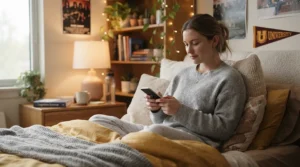 Using the digital hand control on a twin XL heated mattress pad for college dorm beds during a study session.