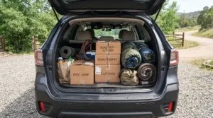 Loading bedding gear including a twin XL heated mattress pad for college dorm beds into the back of a car.