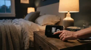 Adjusting the temperature controls on a twin XL heated mattress pad for college dorm beds before bedtime.