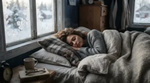 A cozy bedroom setup featuring a twin XL heated mattress pad for college dorm beds during a freezing winter night.